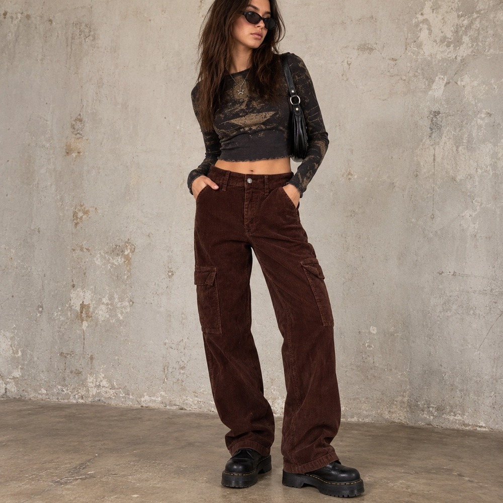 Hollister Womens Corduroy Cargo Pants‎ 3R W26 Brown Ultra High Rise Baggy Y2K